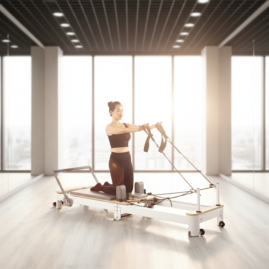Pilates & Yoga Unleashed Studio Tuckahoe - Oak Pilates Reformer, White Aluminum Foldable,